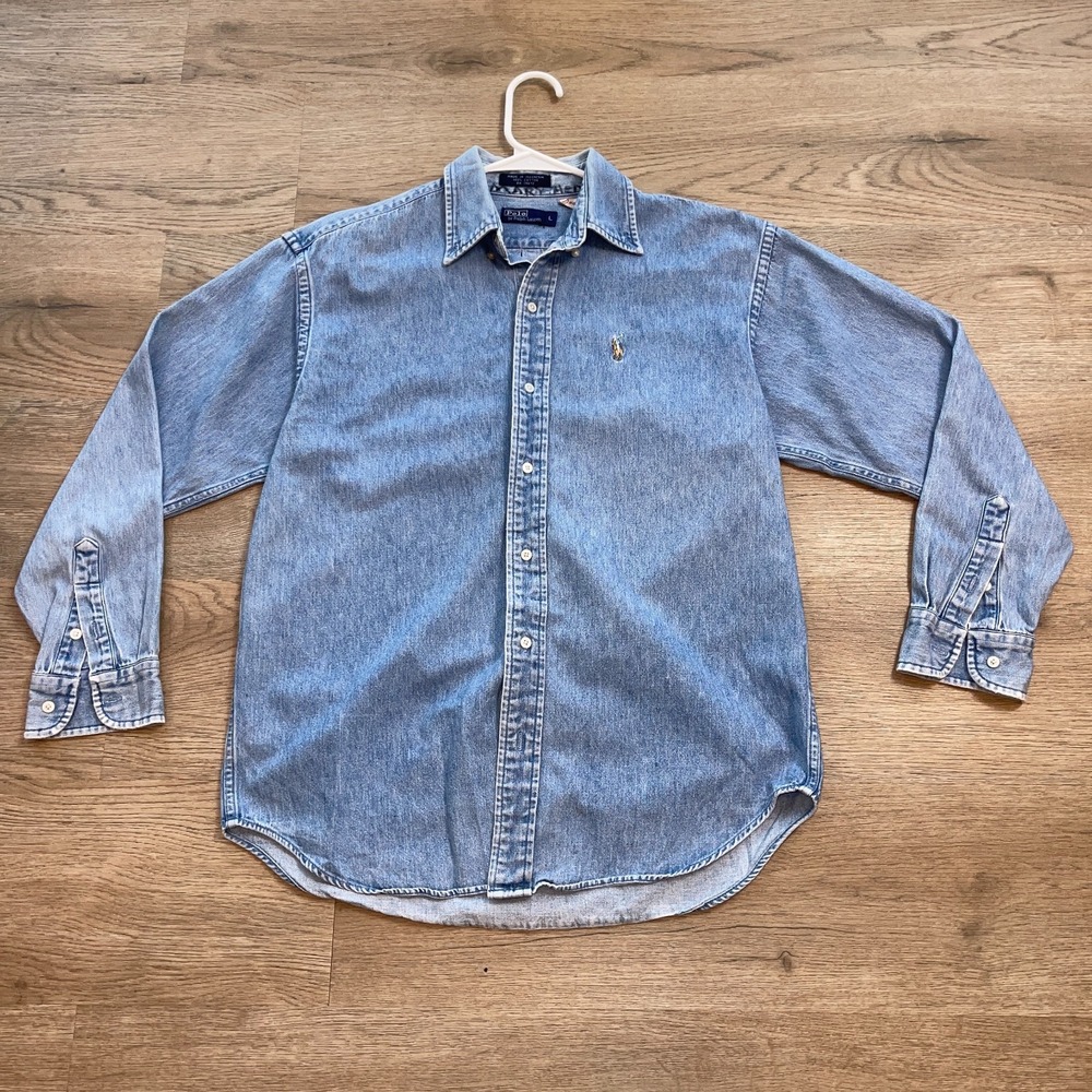 Vintage Polo Ralph Lauren Big Shirt Denim Button Down Men Large Blue Pocket Pony